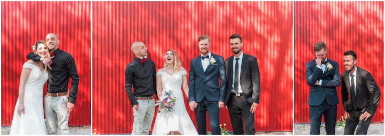Bride, groom and 2 friends stand together laughing after elopement in Unionville
