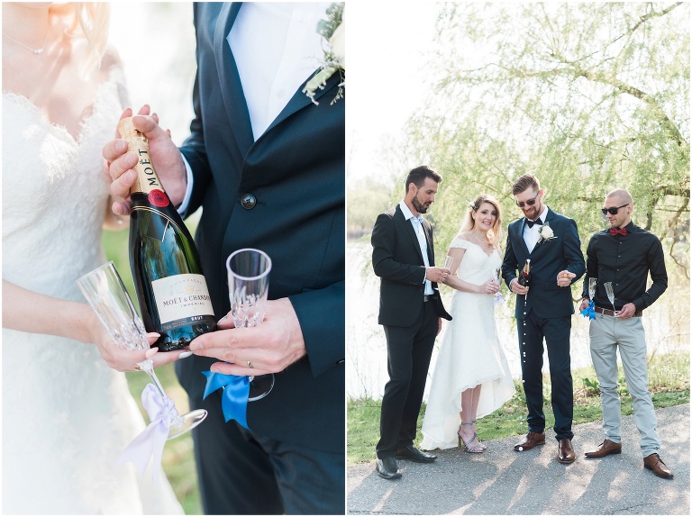 Bride, groom and friends pop champagne after getting married in Unionville at Too Goo Pond