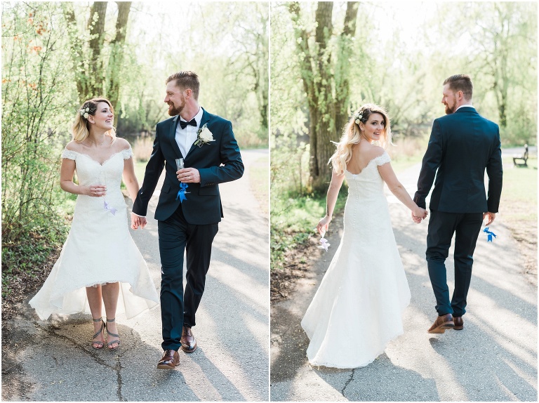 Bride and groom portraits as they walk in the nice sunshine on the day they eloped