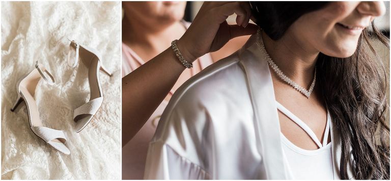 Close up of bride's neck as bridesmaid puts on necklace on her wedding day inside Sheraton Hamilton wedding