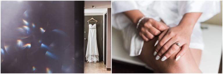 Bride's wedding details including her dress and engagement ring on her finger