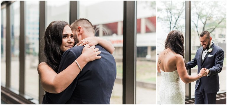 Emotional bride hugs groom after they see each other for the first time on their Ancaster Mill wedding day
