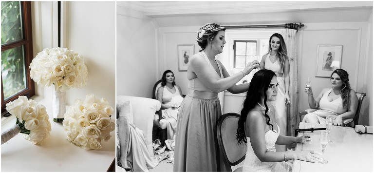 Bridesmaid re-curling bride's hair on Ancaster Mill wedding day because it was raining outside