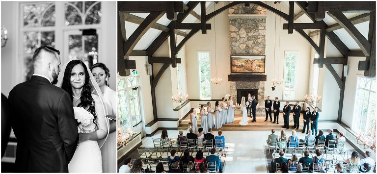 Overhead view of the whole bridal party and guests inside the chapel at the Ancaster Mill Wedding