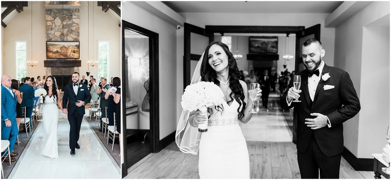 Bride and groom walking down the aisle in the chapel at the Ancaster Mill with huge smiles on their faces