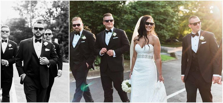 Bride walking with groomsmen backlit by the sun on her wedding day at the Ancaster Mill