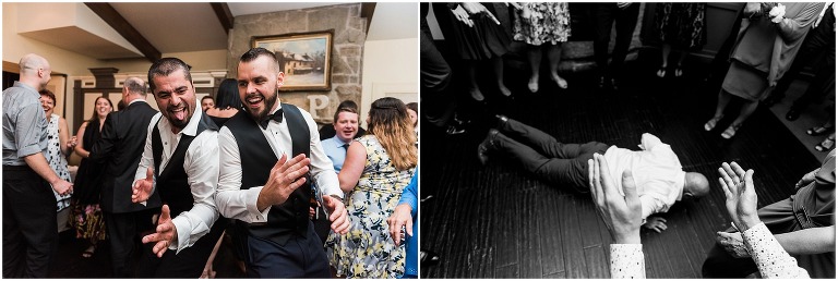 Bride and groom get crazy on the dance floor with guests at Ancaster Mill wedding reception