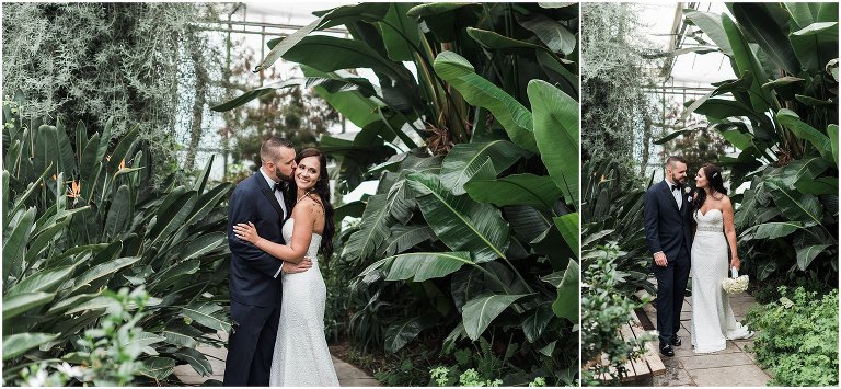 Bride and groom taking photographs inside the Mediterranean Garden greenhouse which was their rain plan for wedding photos