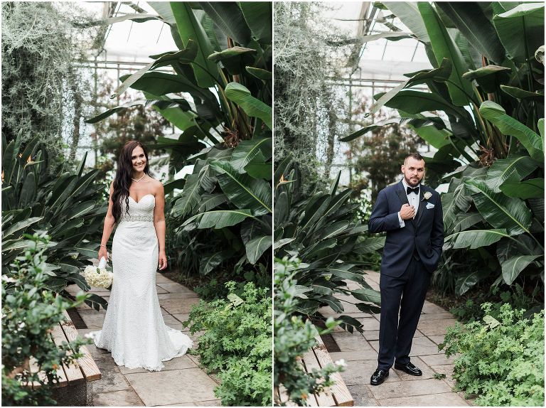 Bride and groom taking photographs inside the Mediterranean Garden greenhouse which was their rain plan for wedding photos