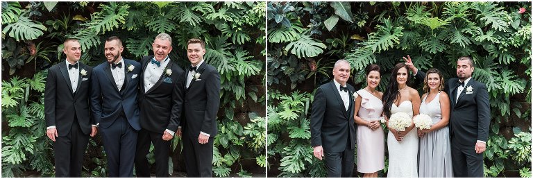 Bride and groom taking photos with their families inside the Mediterranean Garden at Royal Botanical Gardens 