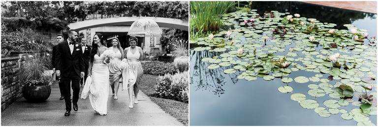 Wedding party photos in the rain at Royal Botanical Gardens at Hendrie Park and the reflecting pond