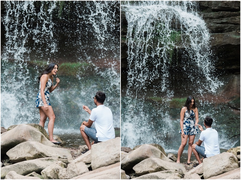 Indian man proposing to his girlfriend in front of Hamilton waterfall