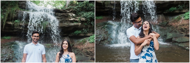 Indian couple posing together in front of Hamilton waterfall after their proposal
