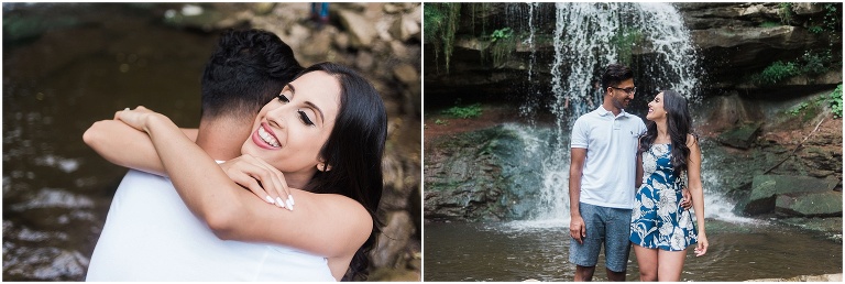 Couple embracing after their proposal in front of Smokey Hollow waterfall