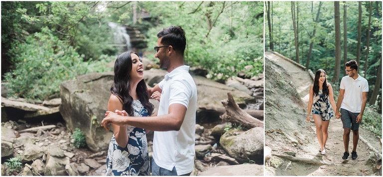 Couple walking together after their engagement at Smokey Hollow waterfall in Hamilton