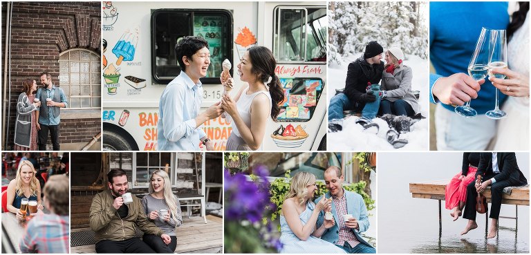 Collage of couples all around Ontario having engagement photos taken that involve props