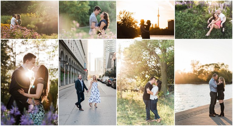 Collage of couples all around Ontario having engagement photos taken during golden hour