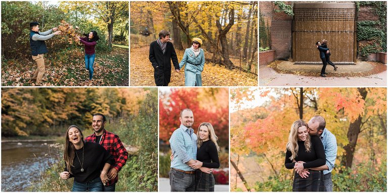 Collage of couples all around Ontario during the fall / autumn having engagement photos taken