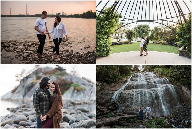 Collage of couples all around Ontario in cool places having engagement photos taken
