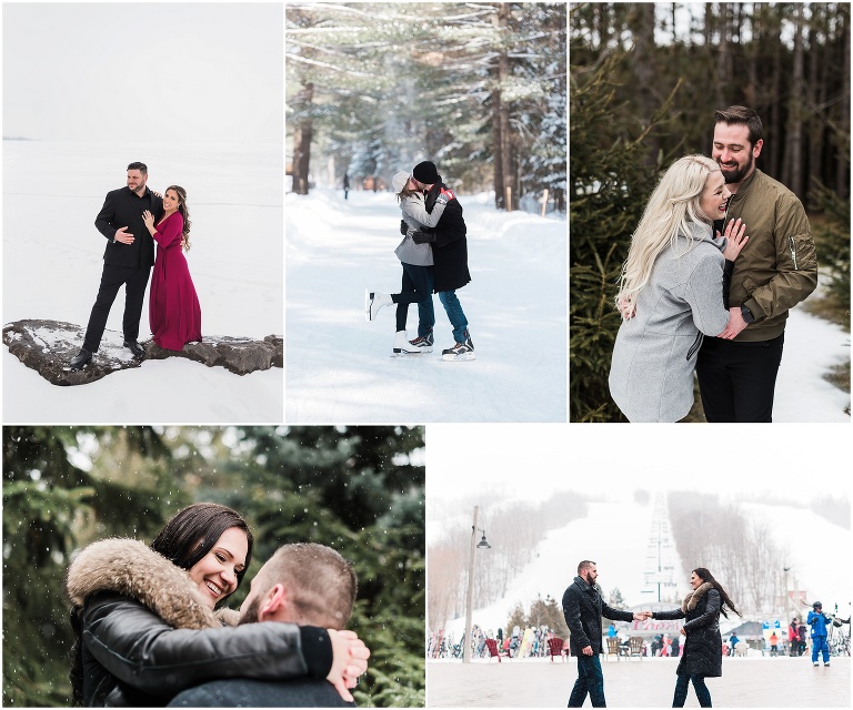 Collage of couples all around Ontario in cool places having engagement photos taken during the winter