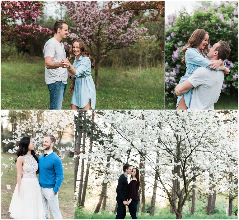 Collage of couples all around Ontario in cool places having engagement photos taken during the spring