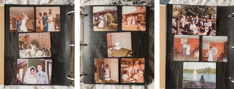 An old photo album binder with rings, displays old wedding photographs