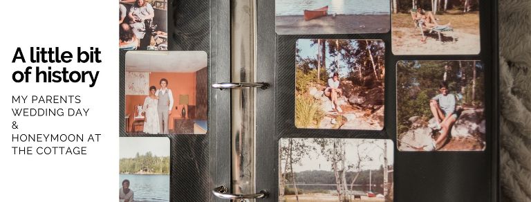 An old photo album with square photos inside of it displaying a bride and groom