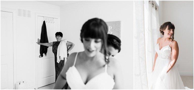 Black and white photo of mother looking at daughter on her outdoor summer wedding day