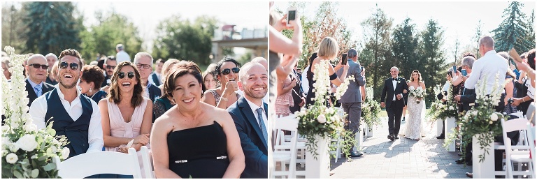 Guests laugh and smile as bride and her father walk down the aisle at Arlington estate wedding