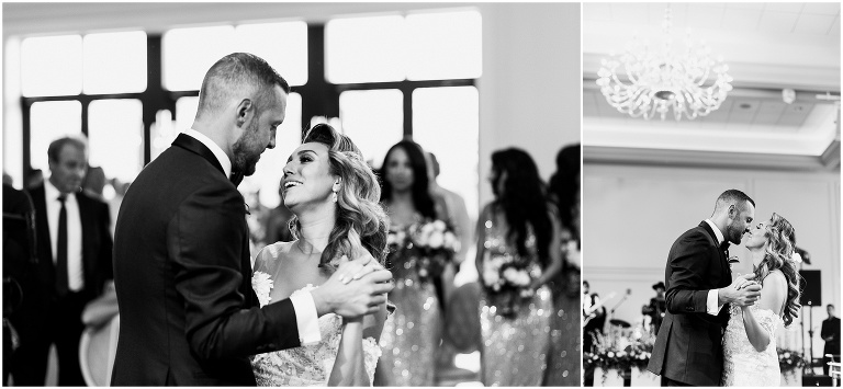 Black and white photo of bride and groom having their first dance together