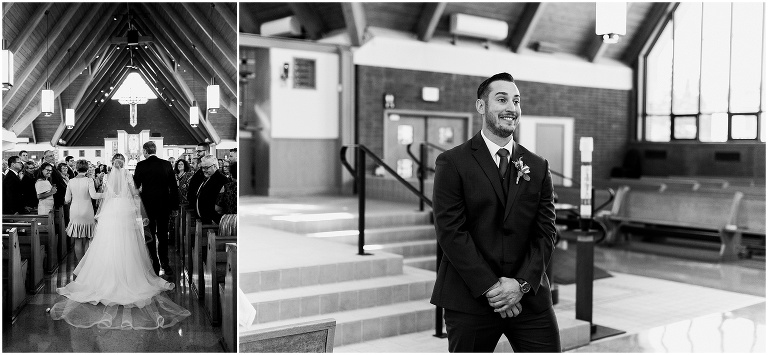 Grooms smiles when he sees bride walk down aisle for the first time