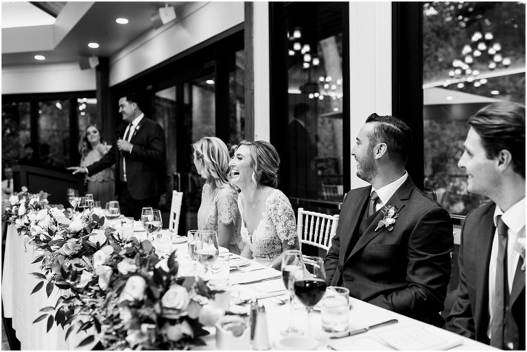 Black and white photos of head table at elegant Credit Valey Golf and Country Club wedding