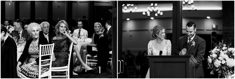 Black and white photo of bride and groom giving their speech at elegant Credit Valley Golf and Country Club wedding