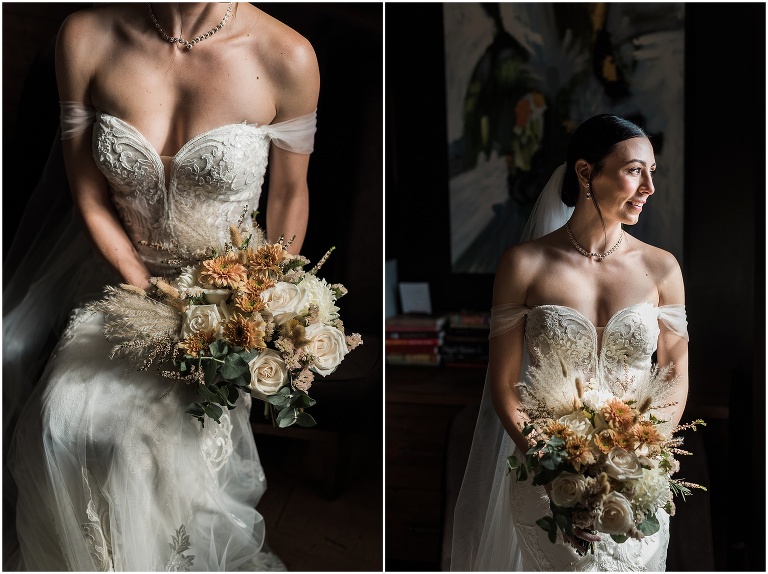 Portrait of bride in Rembrandt lighting in her Elora Mill Hotel room on her wedding day