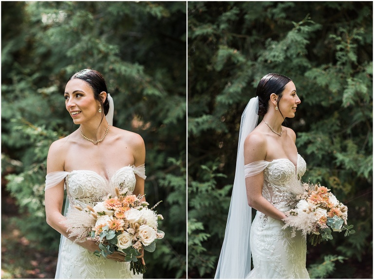 Portrait of bride against greenery at Victoria Park in Elora 