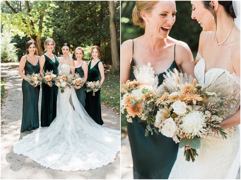 Bride with her bridesmaids who are wearing velvet green dresses in beautiful light at Victoria Park in Elora