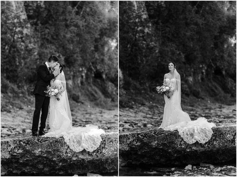 Black and white photos of bride and groom on rock in ELora Gorge on their Elora Mill wedding day