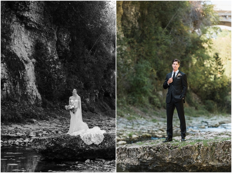 Black and white photos of bride and groom on rock in ELora Gorge on their Elora Mill wedding day