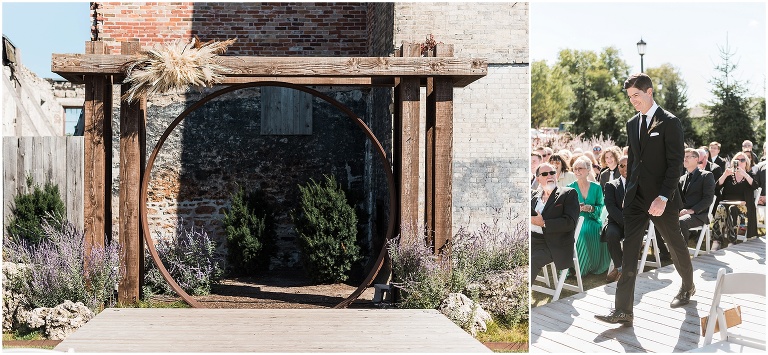 Ceremony set up at The Riverside Chapel on autumn Elora Mill wedding day