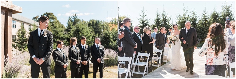 Bride and groom walking down the aisle at The Riverside Chapel on Elora Mill wedding day