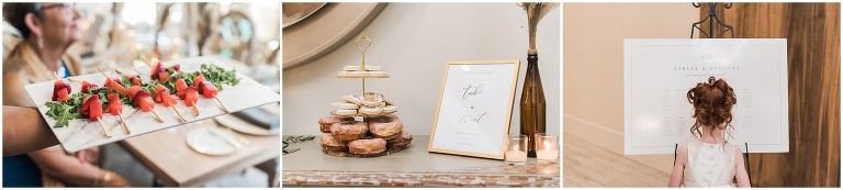 Close up details of appetizers and desserts at Elora Mill wedding reception