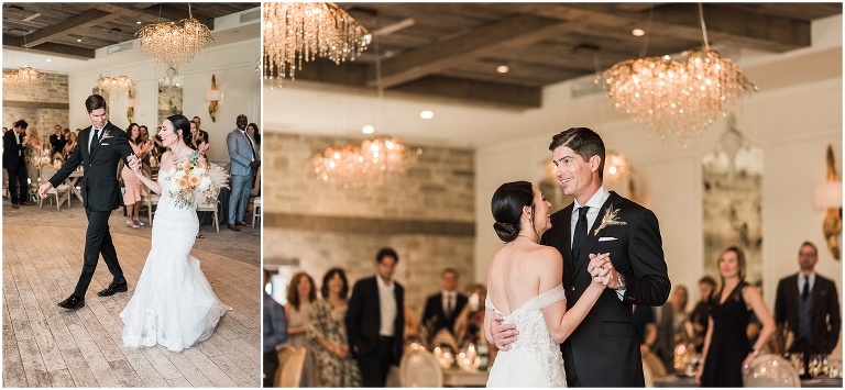 Bride and groom having their first dance with sparkling chandeliers in the background at The Grand during their reception at Elora Mill Hotel and Spa