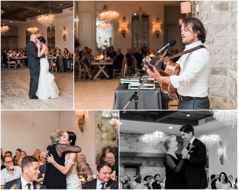 4 photos of first dances with parents during Elora Mill wedding