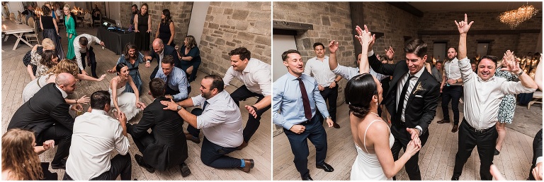 Bride and groom on the dancefloor with wedding guests having a blast at their wedding