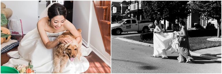 Bride kneeling down with her dog on her wedding day