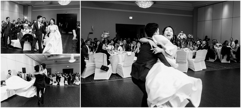 Black and white photos of down-to-earth bride and groom running into each others arms on the dance floor, spinning and kissing