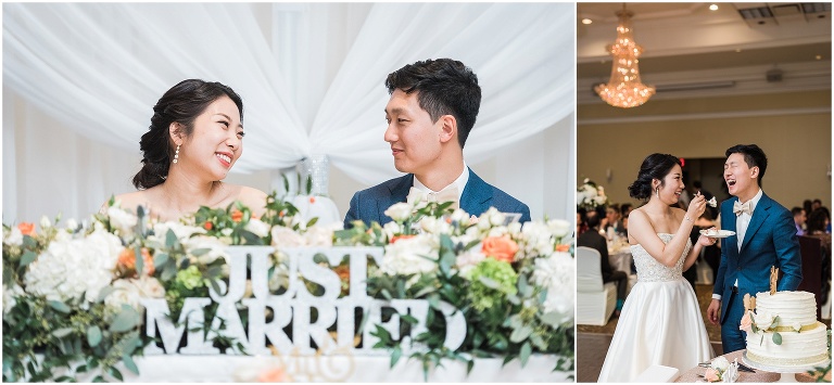 Down-to-earth bride and groom looking at each other with love at reception table