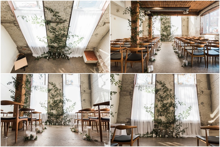 Ceremony set up in 4 different photographs at Hotel Ocho with flowers from Cool Green and Shady