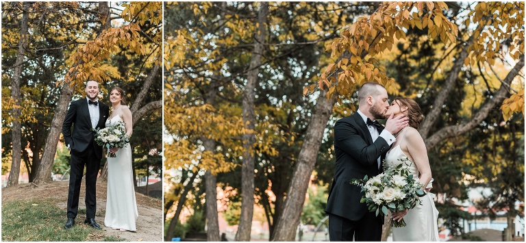 Bride and Groom portraits outside of Hotel Ocho with trees with amber leaves during October wedding 
