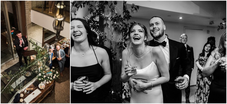 Bride and groom laughing at a speech at Hotel Ocho wedding